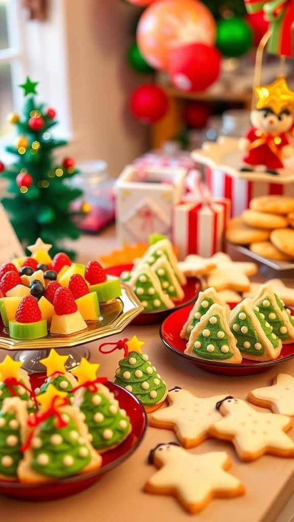 A festive table with colorful fruit skewers, mini sandwiches, and decorated cookies for a toddler Christmas party.